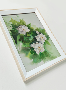 纯手绘栀子花水彩画ins风格花卉