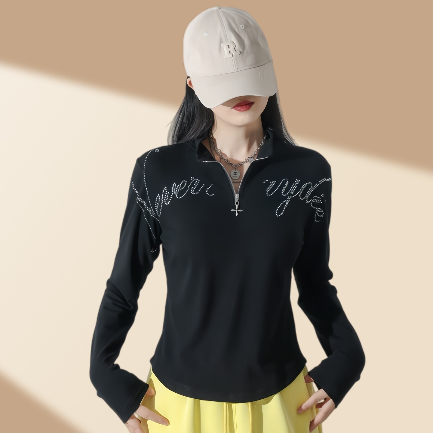 网红美式简约风半拉链烫钻字母广场舞上衣女修身休闲运动长袖t恤,淘宝优惠券,粉丝福利购,淘宝优惠卷