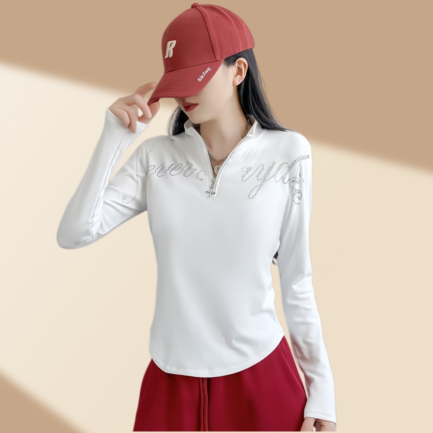 网红美式简约风半拉链烫钻字母广场舞上衣女修身休闲运动长袖t恤,淘宝优惠券,粉丝福利购,淘宝优惠卷