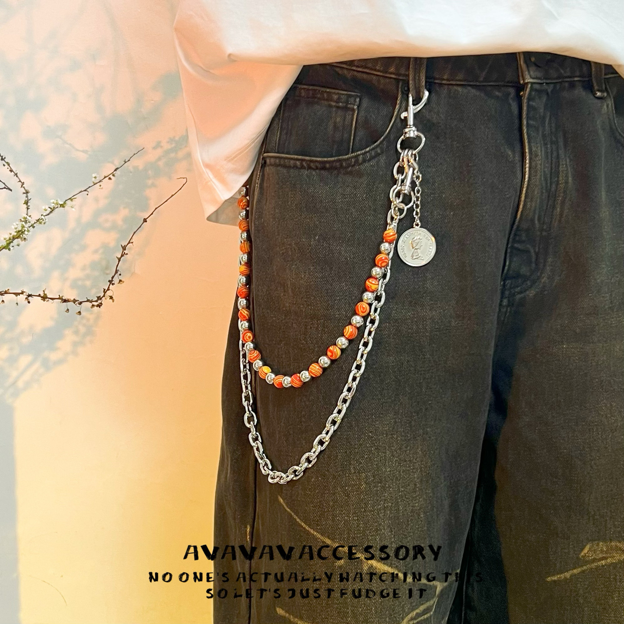 AVAVAV蓝底黑纹松石手工串珠裤链复古街头单边可拆卸吊坠diy配饰