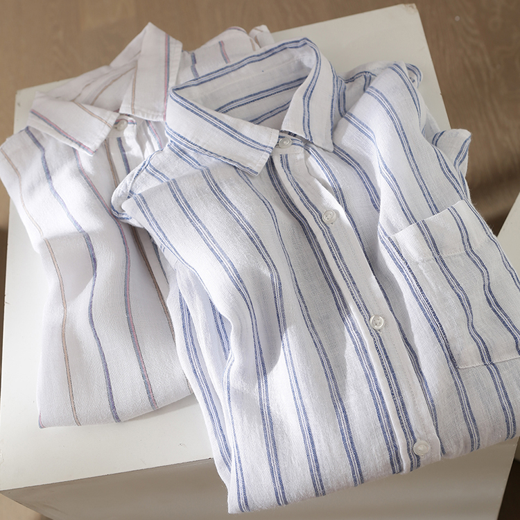 【外贸原单!经典竖条纹!】24早秋新款宽松休闲长袖薄衬衫上衣女 - 图2