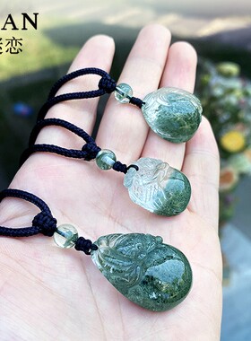 天然绿幽灵吊坠绿水晶雕刻毛衣链