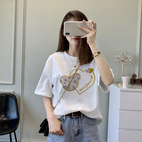 日系复古克莱因蓝纯棉短袖t恤女夏季卡通印花小众潮牌体恤上衣服 - 图3