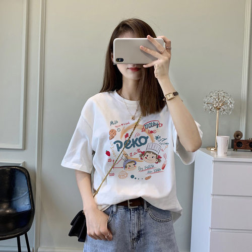日系复古克莱因蓝纯棉短袖t恤女夏季卡通印花小众潮牌体恤上衣服 - 图2