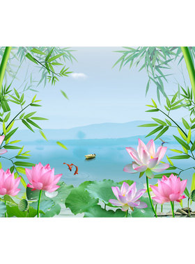 竹子荷花风景画九鱼图竹报平安背景墙装饰画客厅房间招财贴纸画