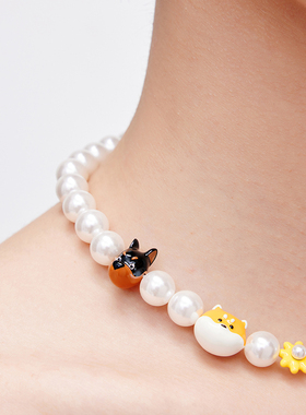 FWISH飞未夕 PAWty系列 狗狗头花花珍珠项链925银节日礼物