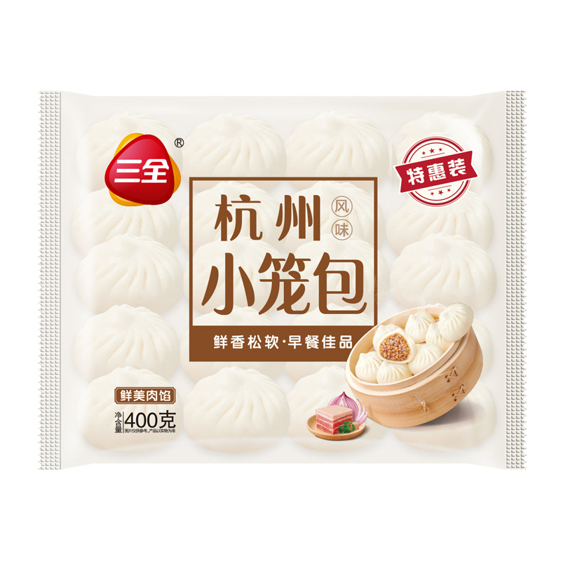 三全杭州风味小笼包子400g*6袋共96个鲜美肉馅冷冻半成品早餐宵夜 - 图0