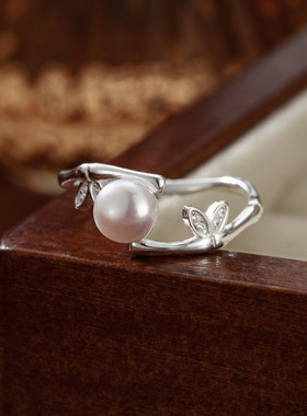 S999纯银足银戒指天然淡水珍珠竹节锆石戒指轻奢叶子食指戒指环女