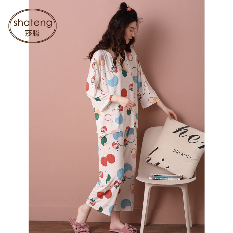 春秋款莫代尔七分袖长袖睡衣 莎腾睡衣/家居服套装