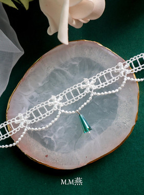 新款少女风白色蕾丝绿水晶珍珠