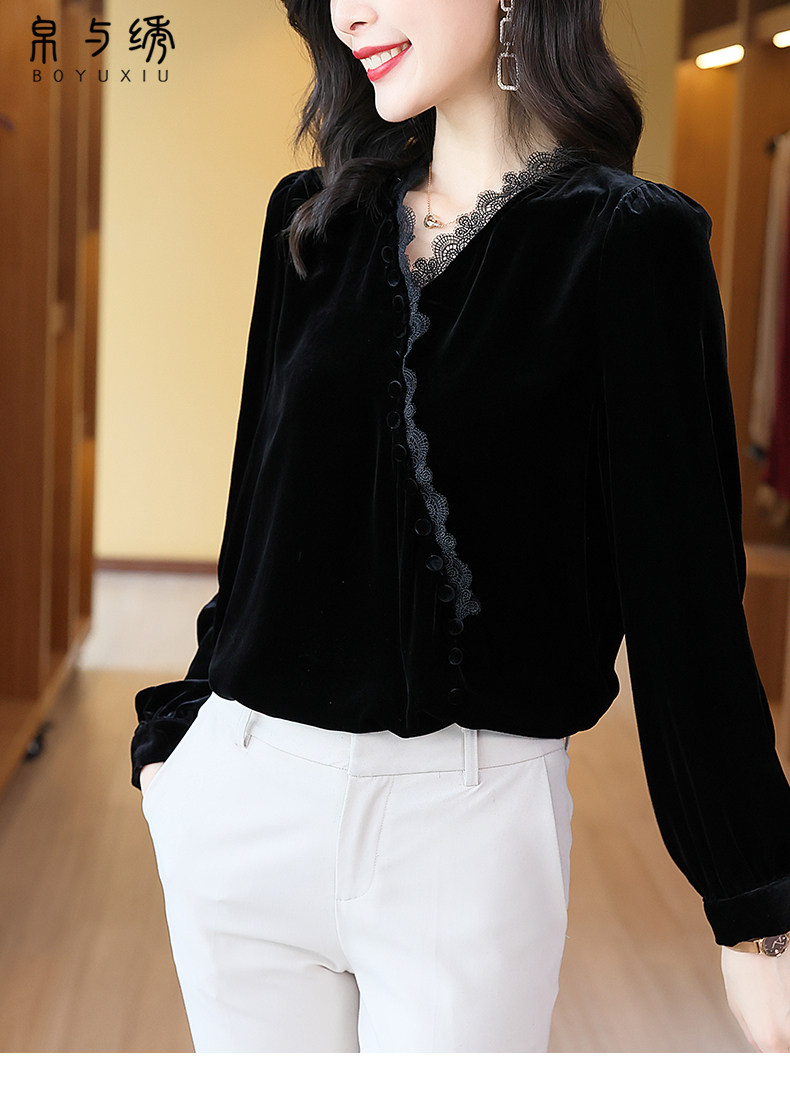 金丝绒打底2021秋冬新款高端衬衫 帛与绣T恤