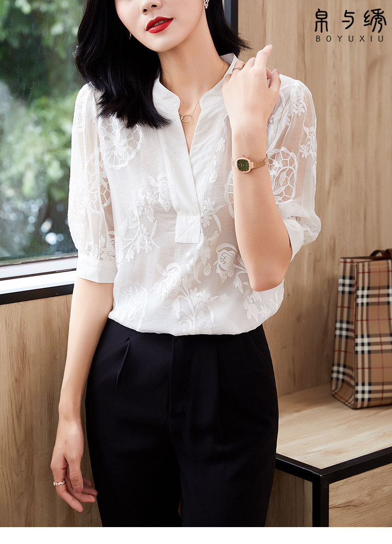 白色女短袖2023夏季新款刺绣衬衫 帛与绣衬衫