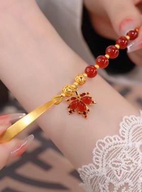 古风小众枫叶少女红串珠磁扣手镯
