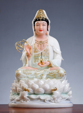 汉白玉描金观音菩萨佛像客厅摆件