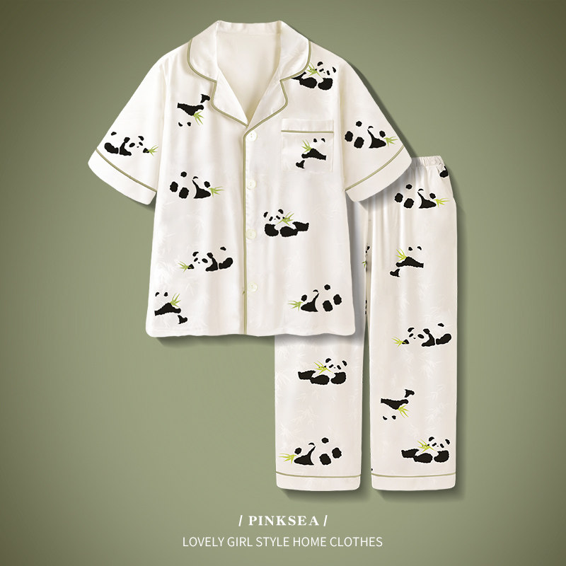 情侣夏季新款冰丝短袖长裤高级睡衣 pinksea内衣睡衣/家居服套装