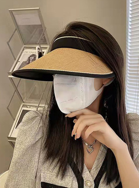 夏季草编字母女士透气空顶帽大帽檐遮阳户外可折叠夏天凉防晒帽子