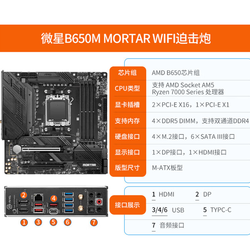 微星B650M 迫击炮WiFi主板CPU套装搭7600 7700 7800x3d板U套 - 图0