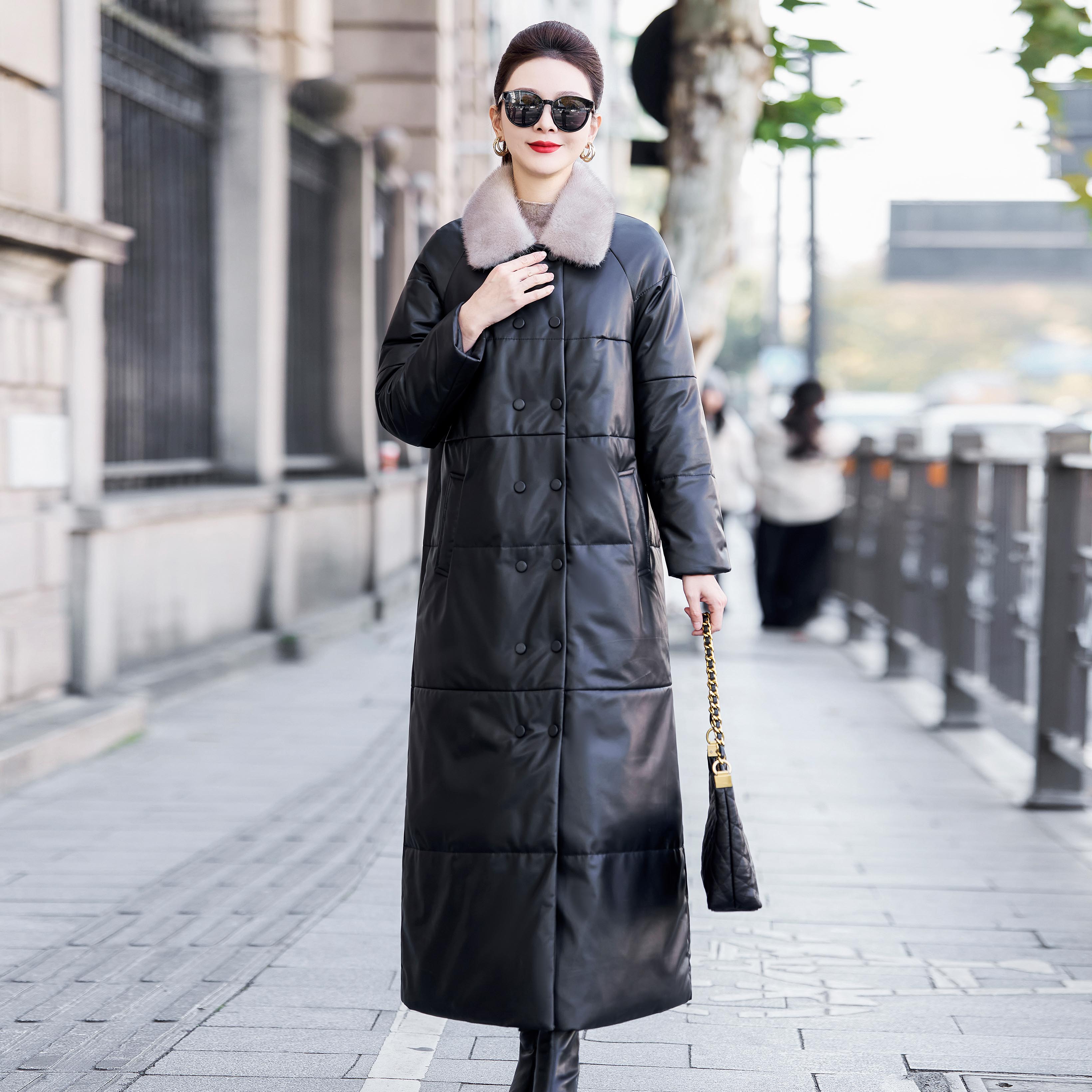 美茱超长款真皮绵羊皮90鹅绒羽绒服2026冬季新款水貂毛领皮衣外套 - 图0