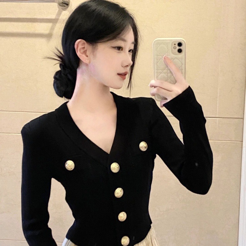 法式香风长袖针织新款针织衫外套修身毛衣气质短款开衫打底女上衣 - 图2