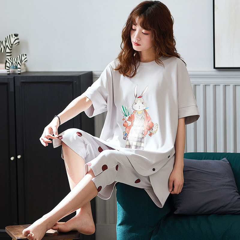 睡衣女夏纯棉薄款短袖七分裤 jeeyuntoo吉运兔睡衣/家居服套装