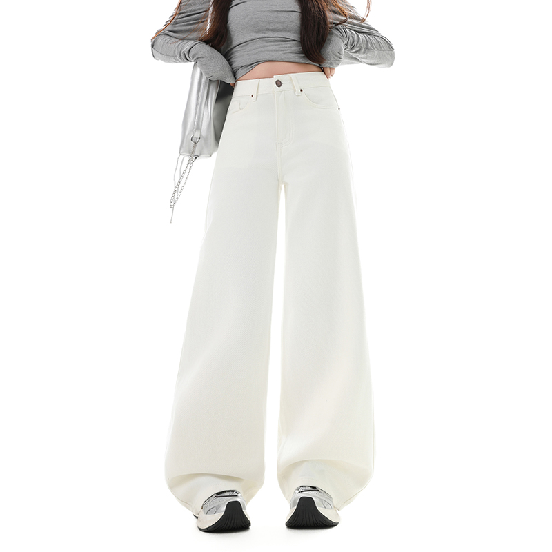 高腰加绒白色阔腿牛仔裤女高个子加长秋冬新款宽松垂感直筒裤子 - 图2