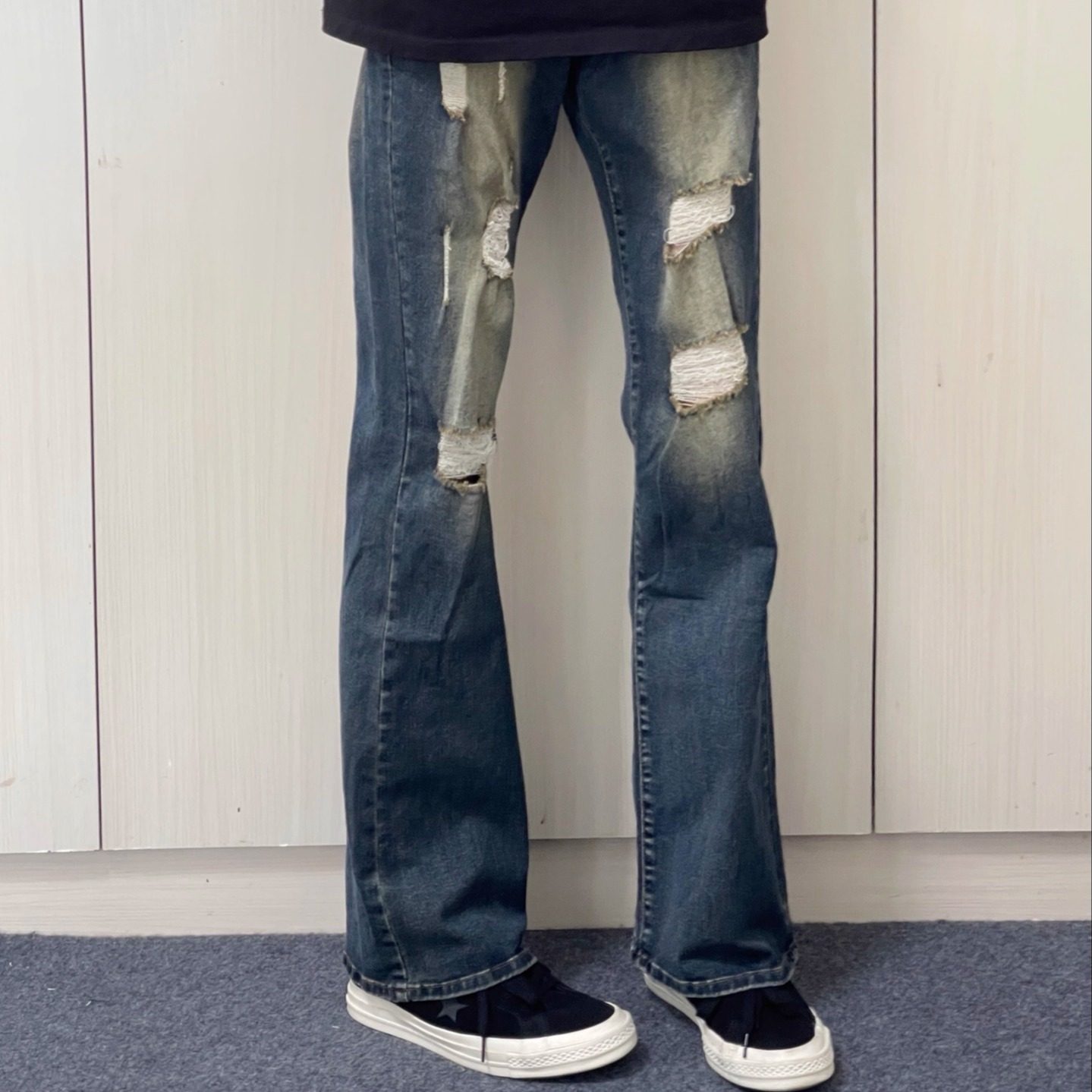 美式小众高街日常休闲磨破洞修身牛仔裤男女cleanfit风微喇长裤子,淘宝优惠券,粉丝福利购,淘宝优惠卷