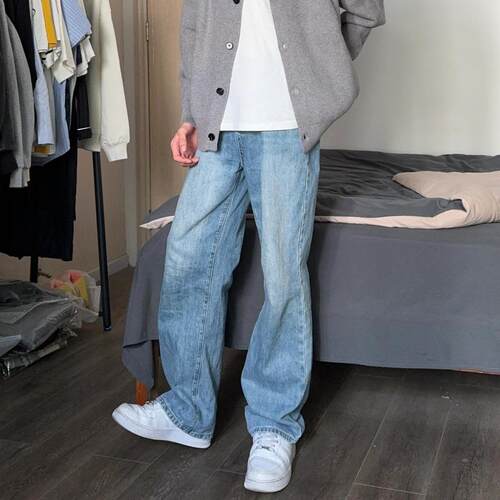 Cleanfit浅蓝色水洗直筒牛仔裤男潮款百搭宽松显瘦休闲裤阔腿裤子 - 图2