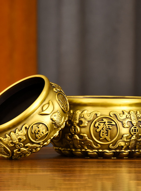 聚宝盆纯黄铜实心招聚客厅摆件复古八福店铺开业装饰存钱罐礼品