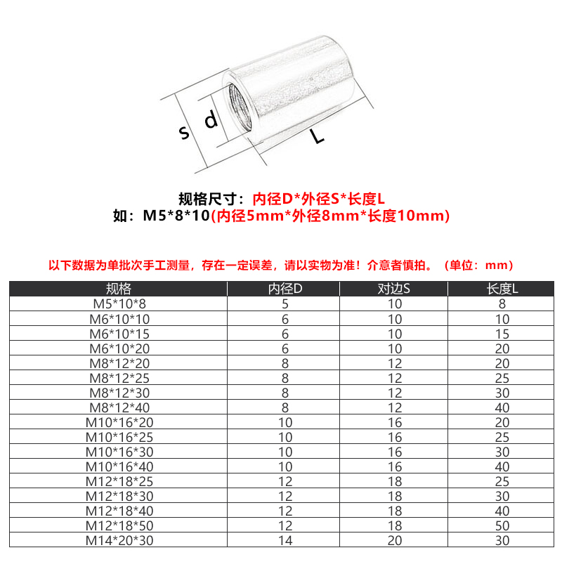 304不锈钢加长螺母加厚圆型接头螺帽圆柱型丝杆接头螺丝帽M3-M20