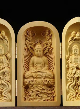 黄杨木雕刻随身佛龛千手观音