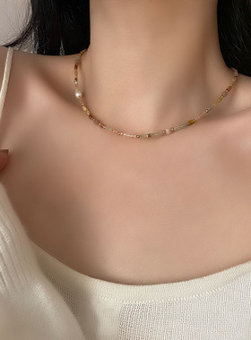 淡水珍珠项链女彩色串珠时尚百搭颈链优雅感日常搭配锁骨链