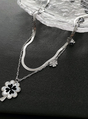 新款时尚气质叶子钛钢保色双层贝壳花朵吊坠项链花蛇骨链小众项链