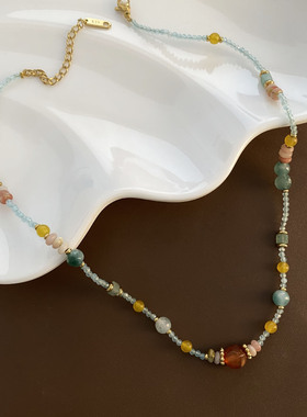 清新设计感项链撞色气质新中式时尚天然石串珠锁骨链女式2024新款