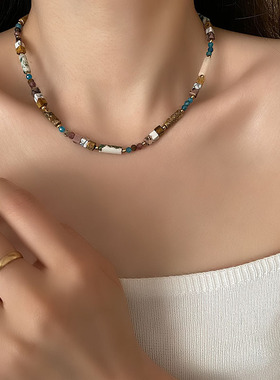 欧美热卖新品几何不规则天然石串珠项链小众设计气质百搭锁骨链女