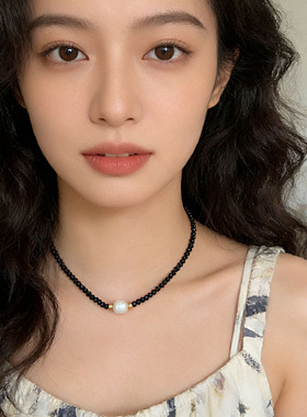 欧美跨境波西米亚风高级感2026爆款仿珍珠吊坠黑色天然石串珠项链