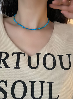 克莱因蓝天然石串珠珍珠项链女款锁骨链轻奢气质2024新款彩色颈链