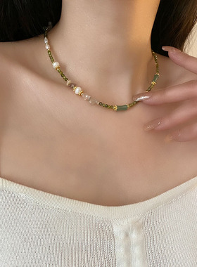 珍珠项链文艺新中式颈链女款百搭高级感复古毛衣链绿色显白锁骨链