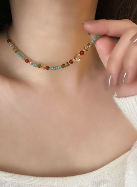 新中式民族风天然石项链多巴胺小众设计感可叠戴锁骨链百搭颈链女