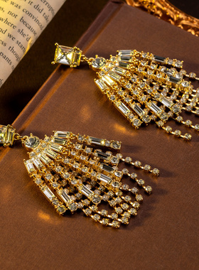 外贸靓丽流苏链条满钻高级感耳坠女欧美风中古vintage耳饰