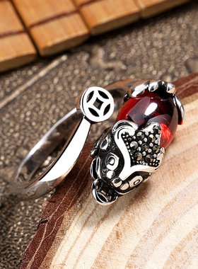 新款复古泰银铜钱石榴石貔貅戒指女个性创意款女生活口红宝石指环