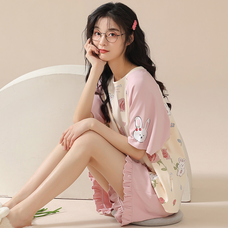 春秋款纯棉短袖可外穿两件套装睡衣 雅模派对睡衣/家居服套装