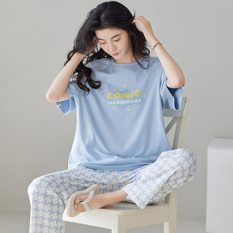 女士纯棉短袖长裤家居服套装天睡衣 雅模派对睡衣/家居服套装