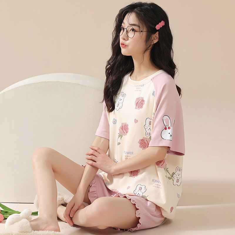 春秋款纯棉短袖可外穿两件套装睡衣 雅模派对睡衣/家居服套装