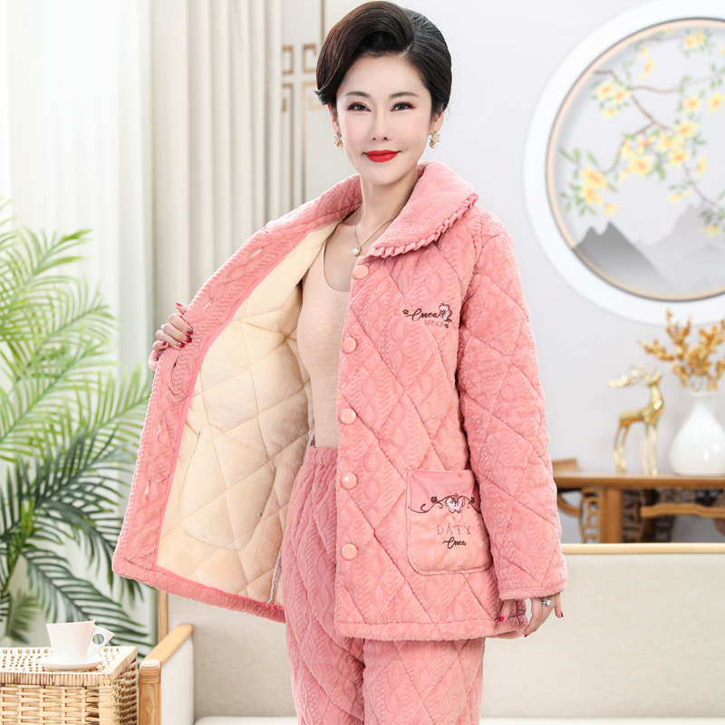 秋冬季三层加绒中老年款珊瑚绒夹棉 尊凡世家睡衣/家居服套装