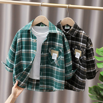 Boy plaid shirt pure cotton 2023 fall new CUHK fairground wool shirt child turning blouse 9116