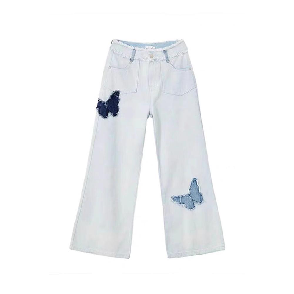 浅蓝色蝴蝶毛边牛仔裤女大码胖mm高腰阔腿裤子梨形身材遮胯拖地裤-图3