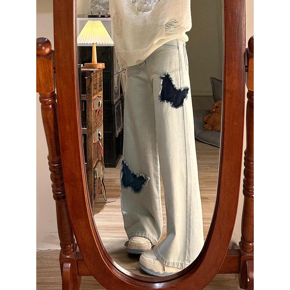 浅蓝色蝴蝶毛边牛仔裤女大码胖mm高腰阔腿裤子梨形身材遮胯拖地裤-图0