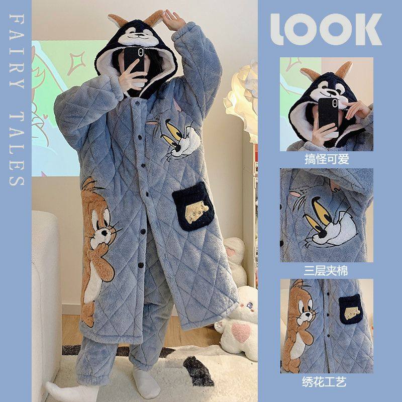 冬季加厚加绒三层夹棉保暖睡衣套装男女可爱卡通猫和老鼠连帽睡袍,淘宝优惠券,粉丝福利购,淘宝优惠卷