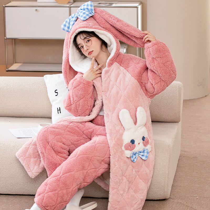 冬季加厚加绒三层夹棉保暖睡衣两件套男女可爱卡通粉兔兔连帽睡袍,淘宝优惠券,粉丝福利购,淘宝优惠卷