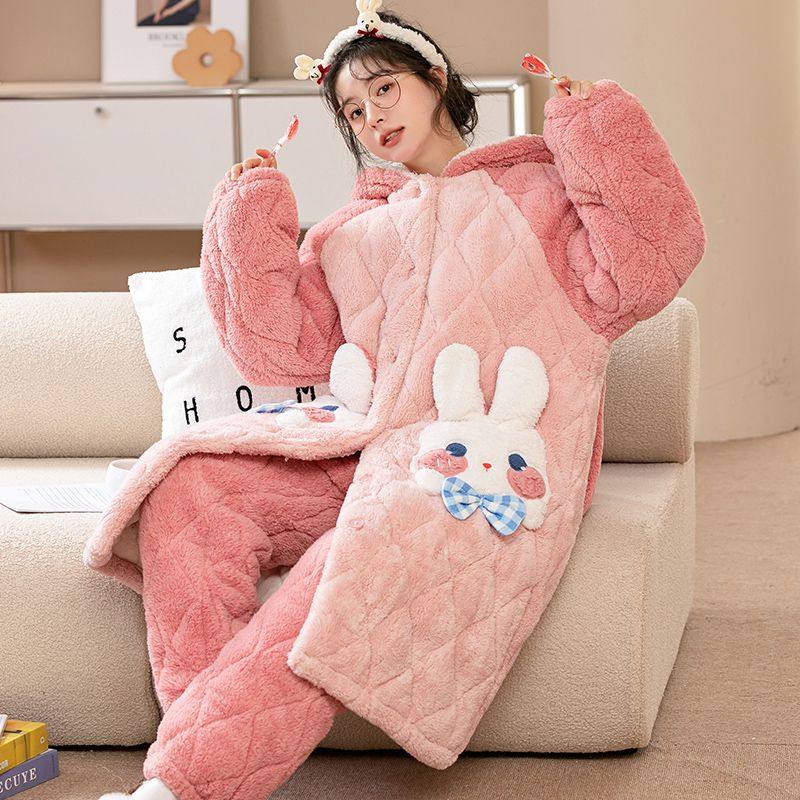 冬季加厚加绒三层夹棉保暖睡衣两件套男女可爱卡通粉兔兔连帽睡袍,淘宝优惠券,粉丝福利购,淘宝优惠卷